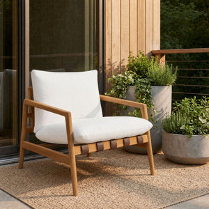 Modway Furniture Nomi Modway Outdoor Teak Sling Chair with Vegan Leather Straps and Plush Cushions Natural White EEI-7785-NAT-WHI