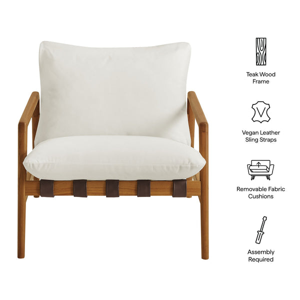 Modway Furniture Nomi Modway Outdoor Teak Sling Chair with Vegan Leather Straps and Plush Cushions Natural White EEI-7785-NAT-WHI