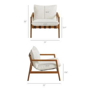Modway Furniture Nomi Modway Outdoor Teak Sling Chair with Vegan Leather Straps and Plush Cushions Natural White EEI-7785-NAT-WHI