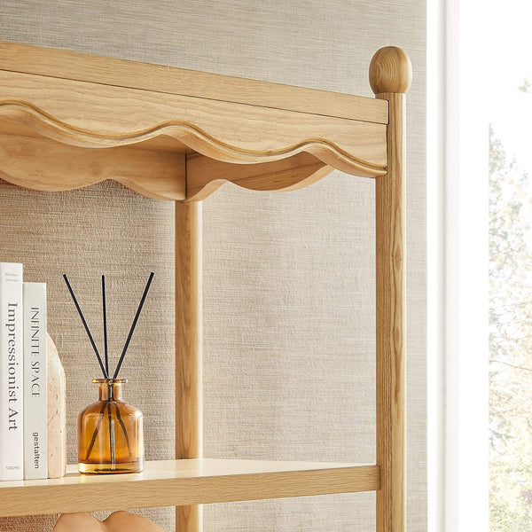 Modway Furniture Darcy Tall Open Bookcase with Scalloped Trim and Ball Finials for Living Room Display Oak EEI-7793-OAK