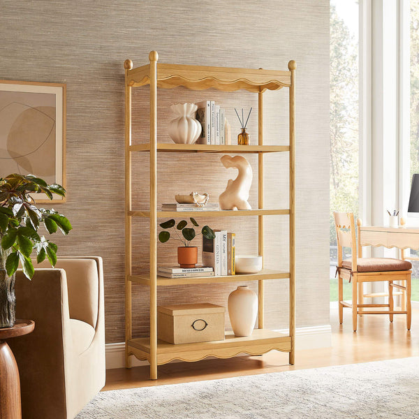 Modway Furniture Darcy Tall Open Bookcase with Scalloped Trim and Ball Finials for Living Room Display Oak EEI-7793-OAK