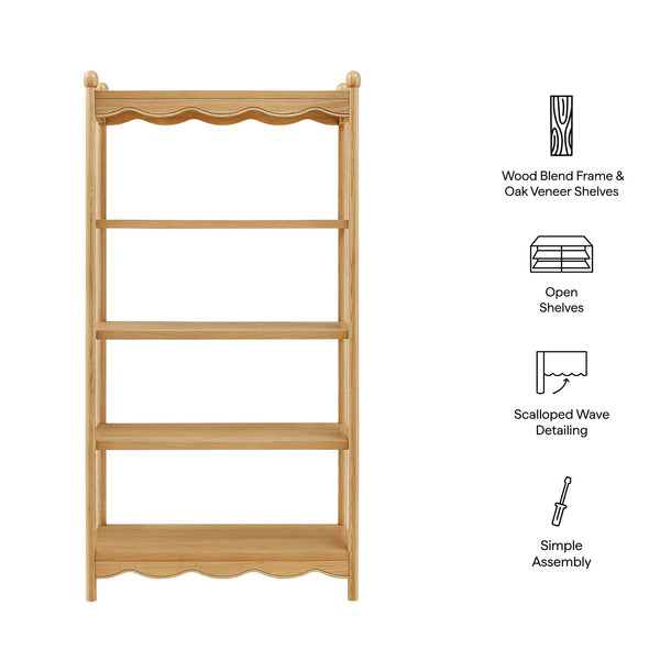 Modway Furniture Darcy Tall Open Bookcase with Scalloped Trim and Ball Finials for Living Room Display Oak EEI-7793-OAK