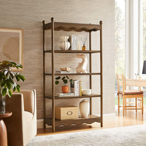 Modway Furniture Darcy Tall Open Bookcase with Scalloped Trim and Ball Finials for Living Room Display Walnut EEI-7793-WAL