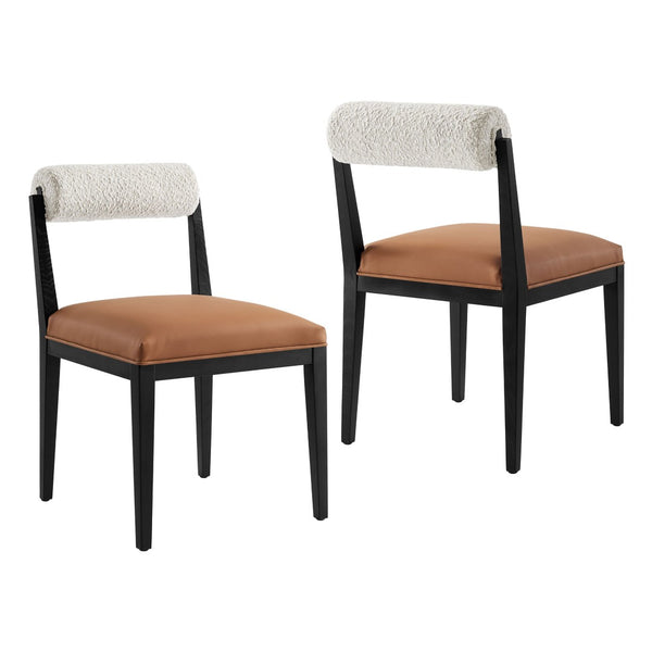 Modway Furniture Kai Boucle Backrest Vegan Leather Seat Dining Chairs with Ash Wood Legs Set of 2 EEI-7796-PRL-TAN