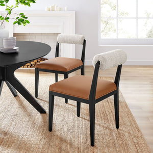 Modway Furniture Kai Boucle Backrest Vegan Leather Seat Dining Chairs with Ash Wood Legs Set of 2 EEI-7796-PRL-TAN