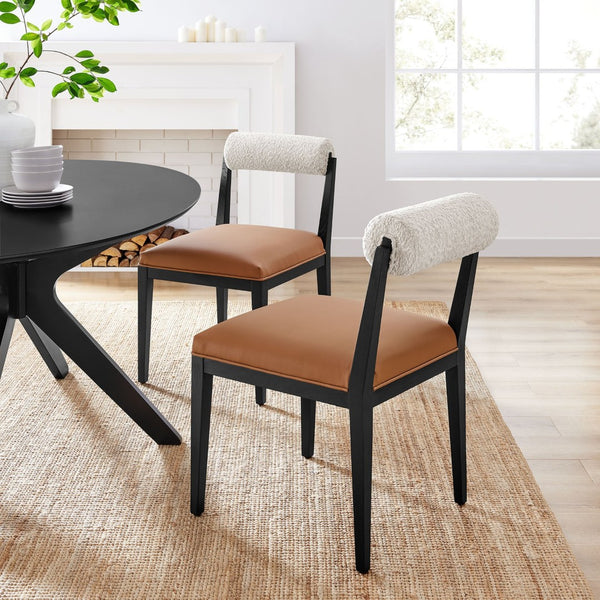 Modway Furniture Kai Boucle Backrest Vegan Leather Seat Dining Chairs with Ash Wood Legs Set of 2 EEI-7796-PRL-TAN