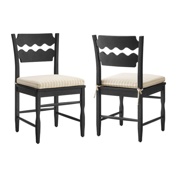 Modway Furniture Jax Solid Oak Cafe Style Dining Chairs with Cushions Set of Two for Modern Farmhouse Black Oatmeal Stripe EEI-7798-BLK-OAS