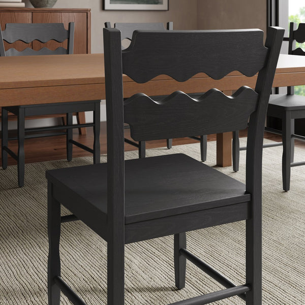 Modway Furniture Jax Solid Oak Wood Dining Chairs Cafe Style Wavy Back Set of 2 for Kitchen Black EEI-7799-BLK