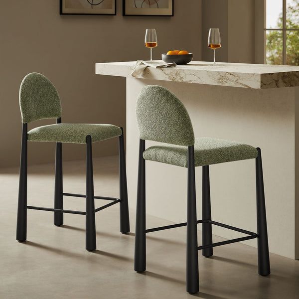 Modway Furniture Hayley Bouclé Upholstered Counter Stools Mid-century Modern Kitchen Island Seating Set Black Leaf EEI-7801-BLK-LEA