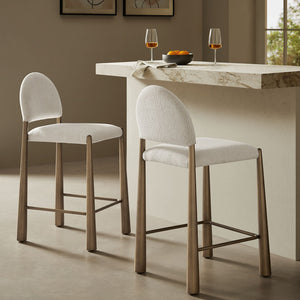 Modway Furniture Hayley Bouclé Upholstered Counter Stools Mid-century Modern Kitchen Island Seating Set Brass Cream EEI-7801-BRA-CRE