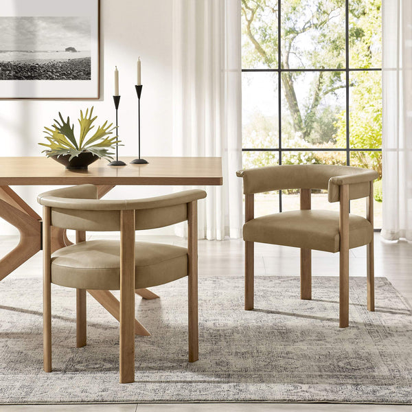 Modway Furniture Imogen Vegan Leather Barrel Back Dining Chairs Rubberwood Set for Modern Interiors Toast EEI-7806-TST-DBR