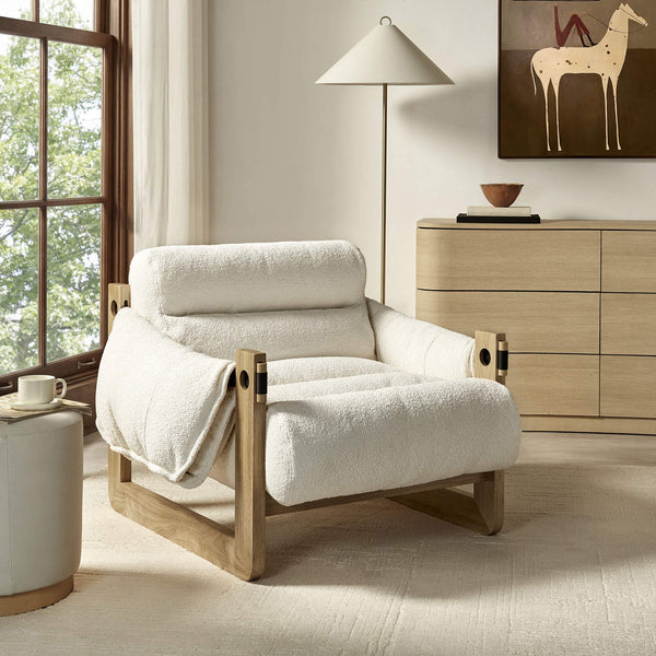 Modway Furniture Sorelle Retro Sling Lounge Chair with Rubberwood Frame and Overstuffed Fabric Cushions White EEI-7813-OAK-CRE