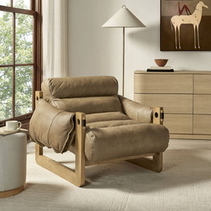 Modway Furniture Sorelle Pebbled Vegan Leather Sling Lounge Chair with Rubberwood Frame Mid-Century Style Toast EEI-7817-TST