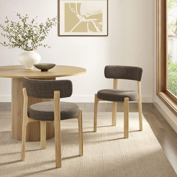 Modway Furniture Marsha Linen Fabric Dining Chair Set with Rubberwood Legs for Vintage Kitchen Spaces Brown EEI-7818-MOC