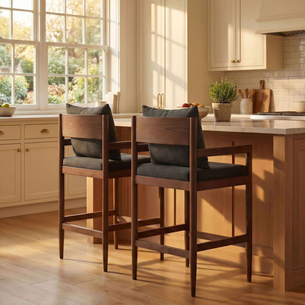 Modway Furniture Remington Elm Wood Counter Stools Set of 2 with Slub Weave Upholstery for Kitchen Islands Gray EEI-7833-CHA