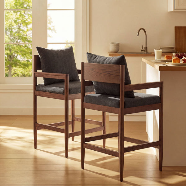 Modway Furniture Remington Elm Wood Counter Stools Set of 2 with Slub Weave Upholstery for Kitchen Islands Gray EEI-7833-CHA