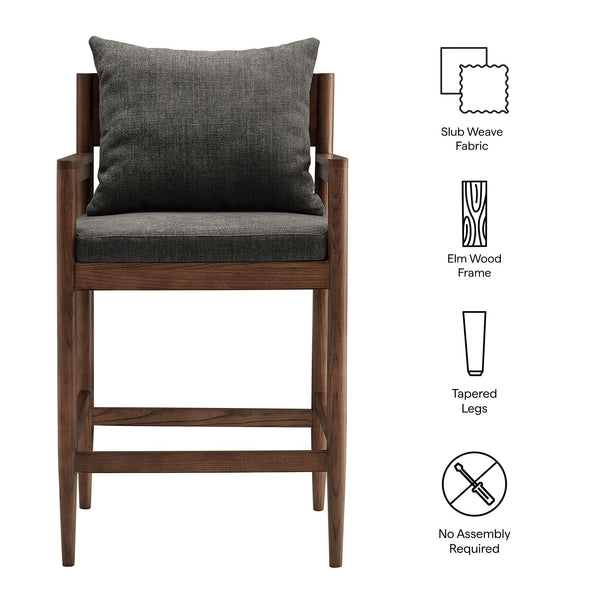 Modway Furniture Remington Elm Wood Counter Stools Set of 2 with Slub Weave Upholstery for Kitchen Islands Gray EEI-7833-CHA
