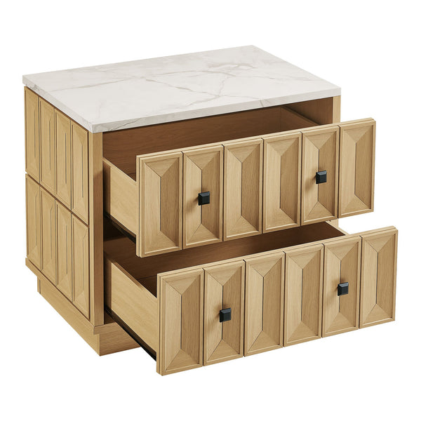Modway Furniture Mabry Sculptural Two Drawer Nightstand with Marble Look Top and Faceted Geometric Panels Oak EEI-7835-OAK