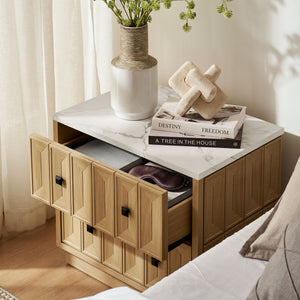 Modway Furniture Mabry Sculptural Two Drawer Nightstand with Marble Look Top and Faceted Geometric Panels Oak EEI-7835-OAK
