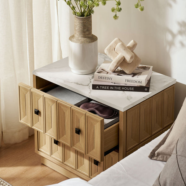 Modway Furniture Mabry Sculptural Two Drawer Nightstand with Marble Look Top and Faceted Geometric Panels Oak EEI-7835-OAK