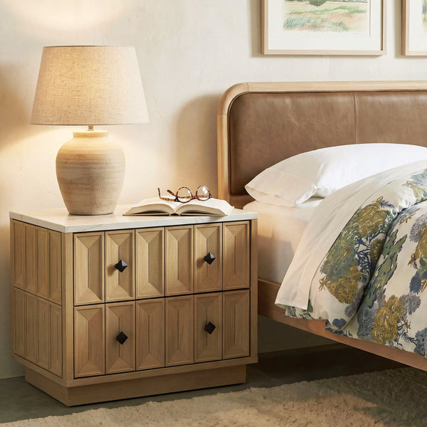 Modway Furniture Mabry Sculptural Two Drawer Nightstand with Marble Look Top and Faceted Geometric Panels Oak EEI-7835-OAK