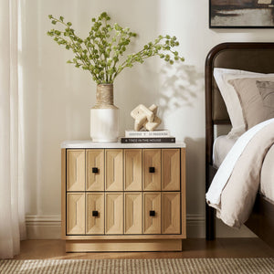 Modway Furniture Mabry Sculptural Two Drawer Nightstand with Marble Look Top and Faceted Geometric Panels Oak EEI-7835-OAK