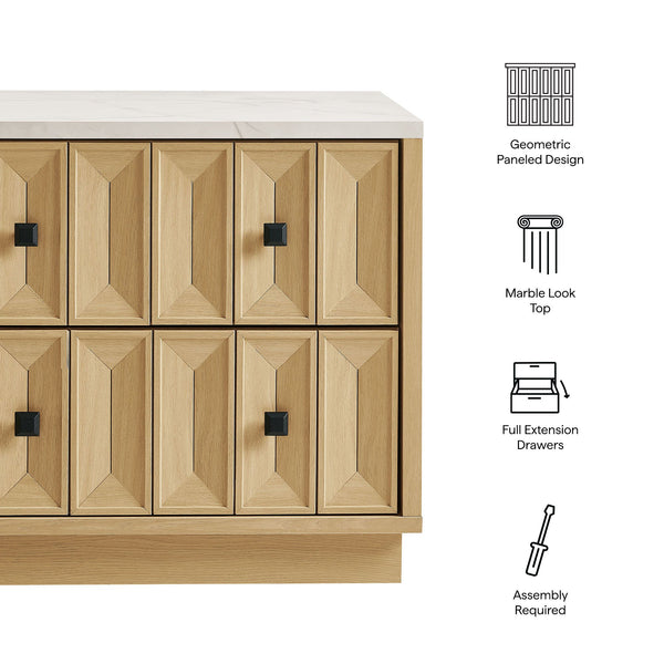 Modway Furniture Mabry Sculptural Two Drawer Nightstand with Marble Look Top and Faceted Geometric Panels Oak EEI-7835-OAK