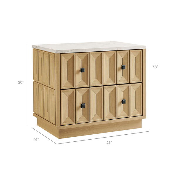 Modway Furniture Mabry Sculptural Two Drawer Nightstand with Marble Look Top and Faceted Geometric Panels Oak EEI-7835-OAK