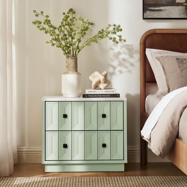 Modway Furniture Mabry Sculptural Two Drawer Nightstand with Marble Look Top and Faceted Geometric Panels Green EEI-7835-SAG