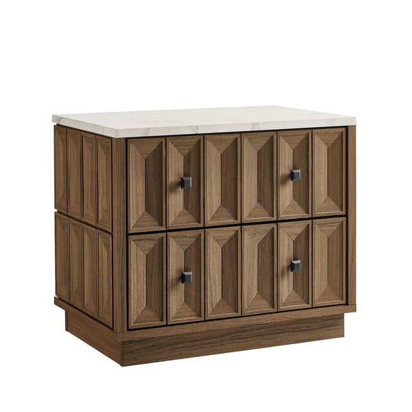 Modway Furniture Mabry Sculptural Two Drawer Nightstand with Marble Look Top and Faceted Geometric Panels Walnut EEI-7835-WAL