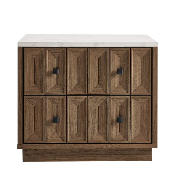 Modway Furniture Mabry Sculptural Two Drawer Nightstand with Marble Look Top and Faceted Geometric Panels Walnut EEI-7835-WAL