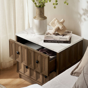 Modway Furniture Mabry Sculptural Two Drawer Nightstand with Marble Look Top and Faceted Geometric Panels Walnut EEI-7835-WAL
