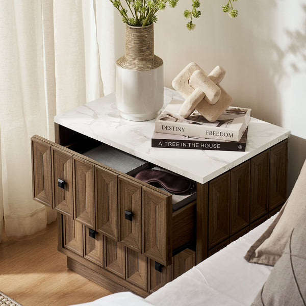 Modway Furniture Mabry Sculptural Two Drawer Nightstand with Marble Look Top and Faceted Geometric Panels Walnut EEI-7835-WAL