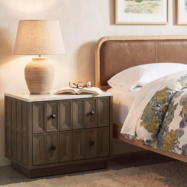 Modway Furniture Mabry Sculptural Two Drawer Nightstand with Marble Look Top and Faceted Geometric Panels Walnut EEI-7835-WAL