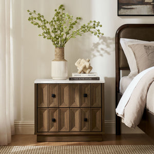 Modway Furniture Mabry Sculptural Two Drawer Nightstand with Marble Look Top and Faceted Geometric Panels Walnut EEI-7835-WAL