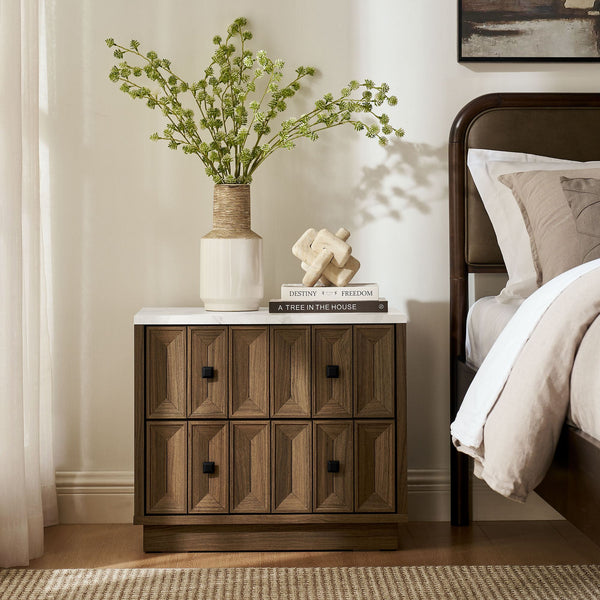 Modway Furniture Mabry Sculptural Two Drawer Nightstand with Marble Look Top and Faceted Geometric Panels Walnut EEI-7835-WAL