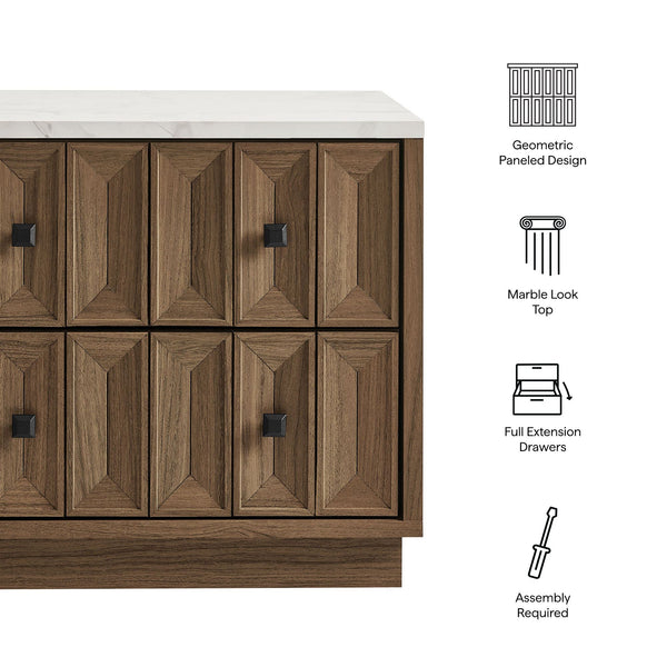 Modway Furniture Mabry Sculptural Two Drawer Nightstand with Marble Look Top and Faceted Geometric Panels Walnut EEI-7835-WAL