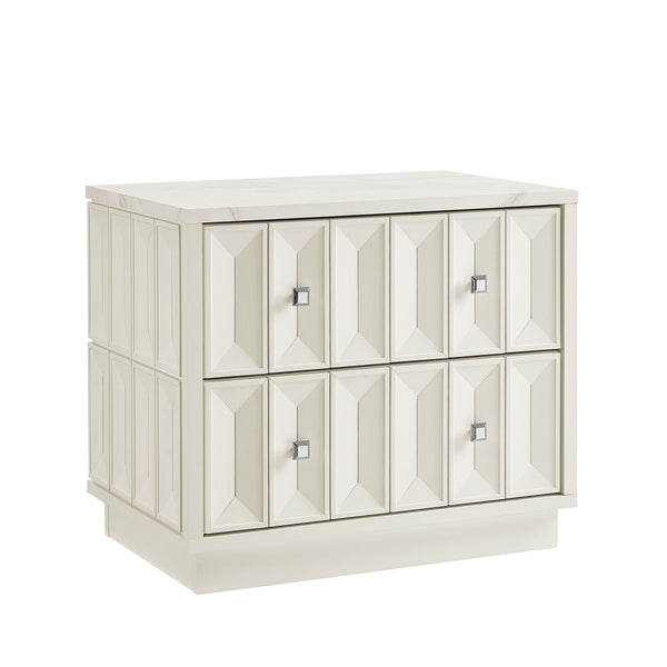 Modway Furniture Mabry Sculptural Two Drawer Nightstand with Marble Look Top and Faceted Geometric Panels White EEI-7835-WHI