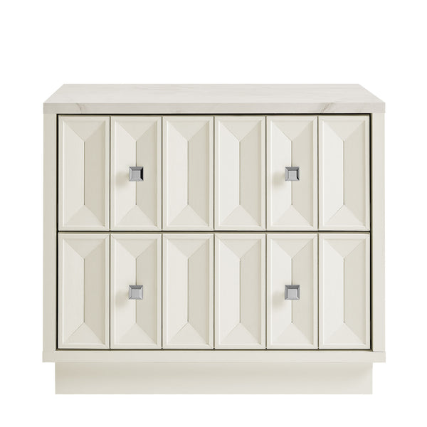 Modway Furniture Mabry Sculptural Two Drawer Nightstand with Marble Look Top and Faceted Geometric Panels White EEI-7835-WHI