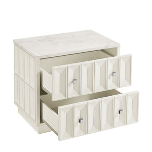 Modway Furniture Mabry Sculptural Two Drawer Nightstand with Marble Look Top and Faceted Geometric Panels White EEI-7835-WHI