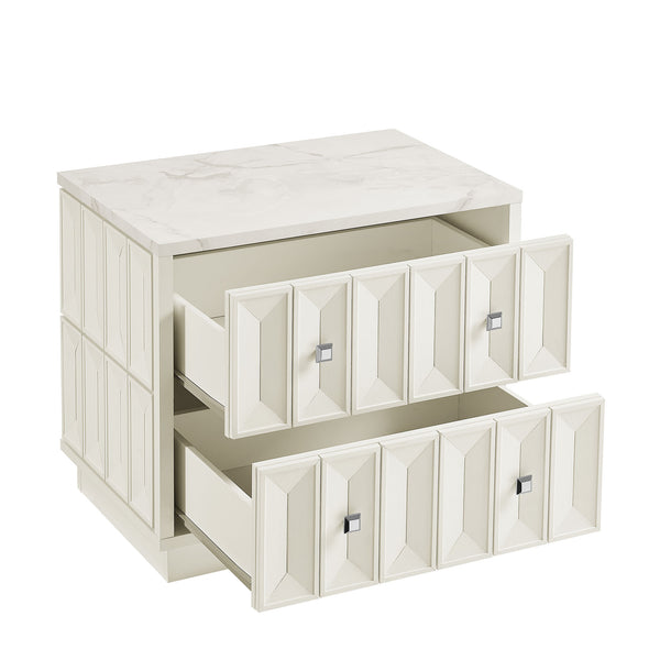 Modway Furniture Mabry Sculptural Two Drawer Nightstand with Marble Look Top and Faceted Geometric Panels White EEI-7835-WHI