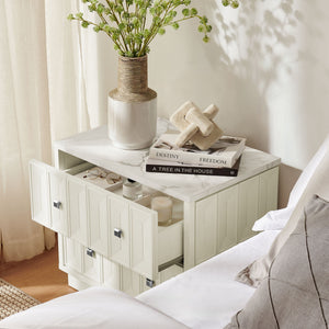 Modway Furniture Mabry Sculptural Two Drawer Nightstand with Marble Look Top and Faceted Geometric Panels White EEI-7835-WHI