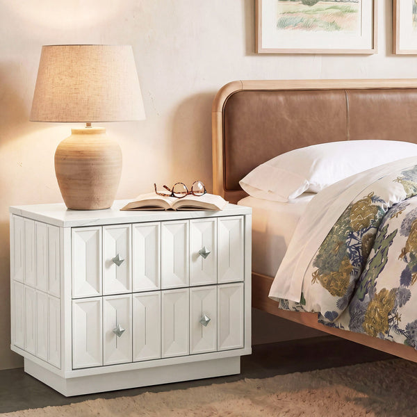 Modway Furniture Mabry Sculptural Two Drawer Nightstand with Marble Look Top and Faceted Geometric Panels White EEI-7835-WHI