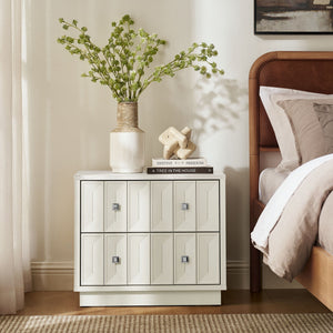Modway Furniture Mabry Sculptural Two Drawer Nightstand with Marble Look Top and Faceted Geometric Panels White EEI-7835-WHI