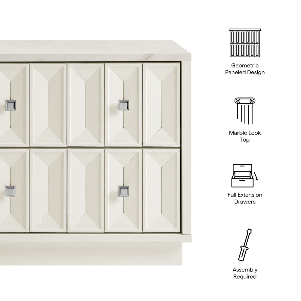 Modway Furniture Mabry Sculptural Two Drawer Nightstand with Marble Look Top and Faceted Geometric Panels White EEI-7835-WHI