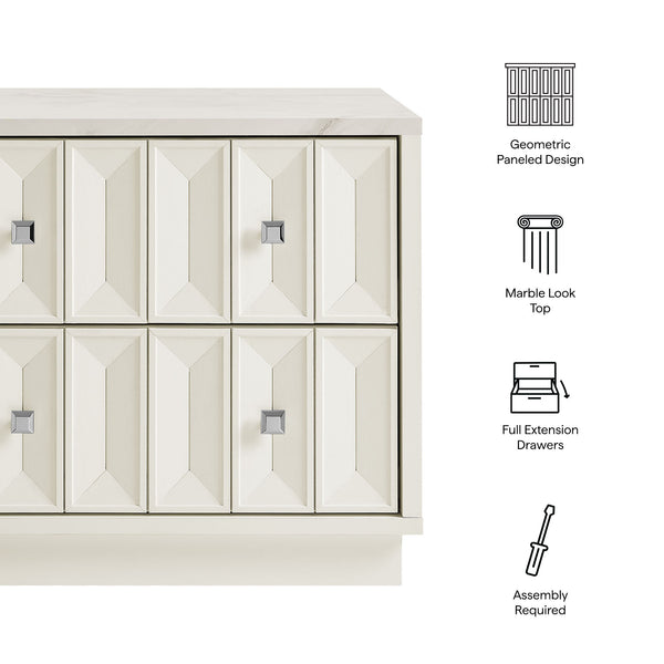 Modway Furniture Mabry Sculptural Two Drawer Nightstand with Marble Look Top and Faceted Geometric Panels White EEI-7835-WHI