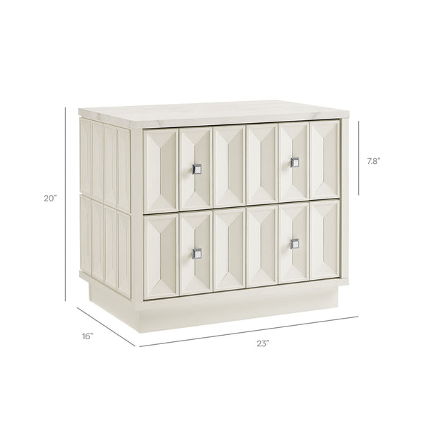 Modway Furniture Mabry Sculptural Two Drawer Nightstand with Marble Look Top and Faceted Geometric Panels White EEI-7835-WHI