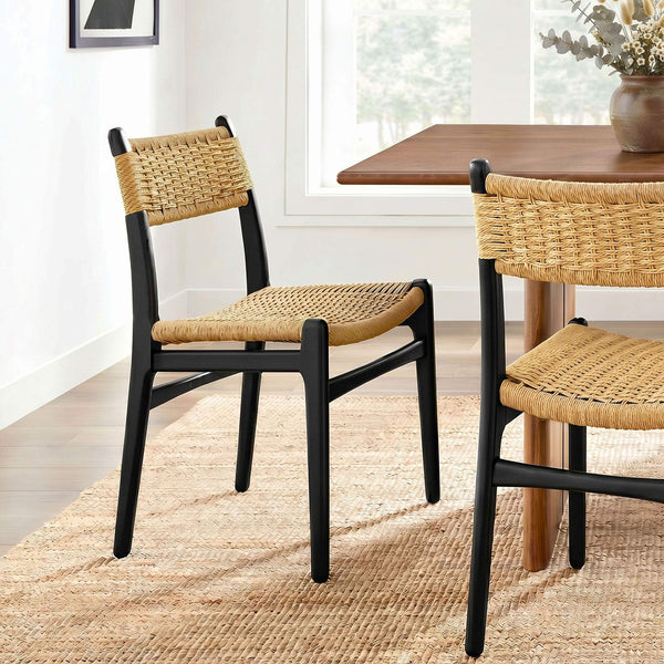 Modway Furniture Wynn Modway Woven Rope Beech Wood Dining Chair Mid-Century Modern Textured Seat Black Natural EEI-7836-BLK-NAT
