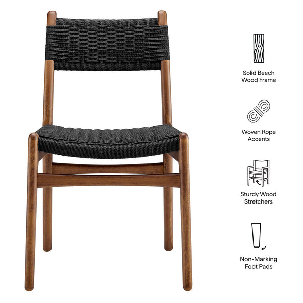 Modway Furniture Wynn Modway Woven Rope Beech Wood Dining Chair Mid-Century Modern Textured Seat Walnut Black EEI-7836-WAL-BLK