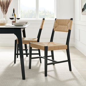 Modway Furniture Bodie Elm Wood Dining Chairs with Woven Paper Rope Seats for Farmhouse Tables Set Black EEI-7899-BLK-NAT